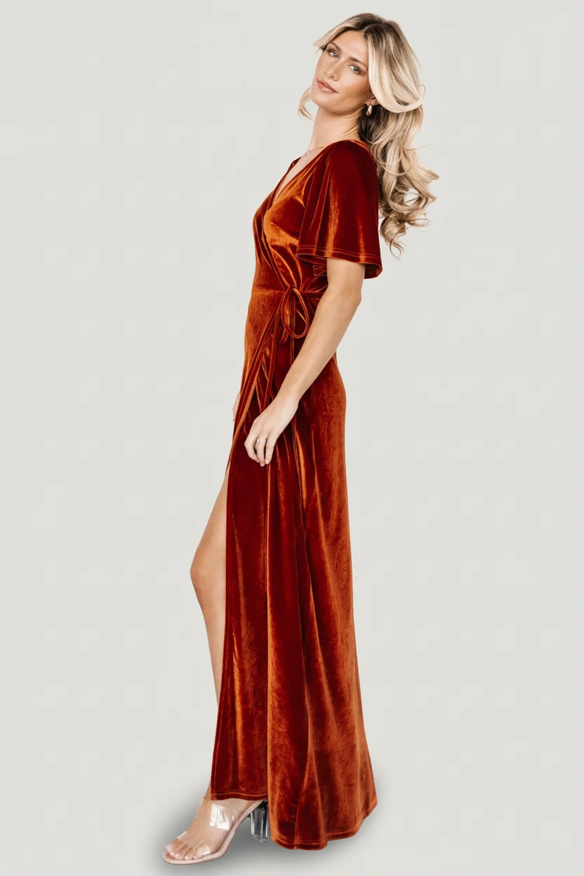 Meghan Velvet Wrap Maxi Dress | Rust