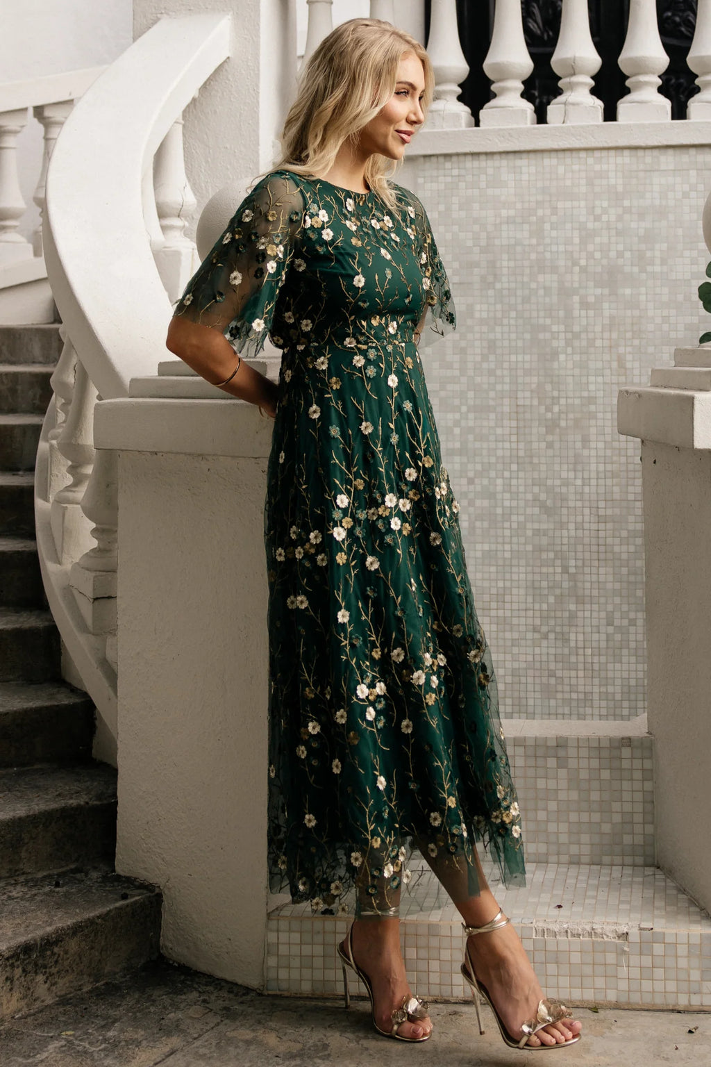 Arabella Embroidered Tulle Maxi Dress | Dark Green Floral