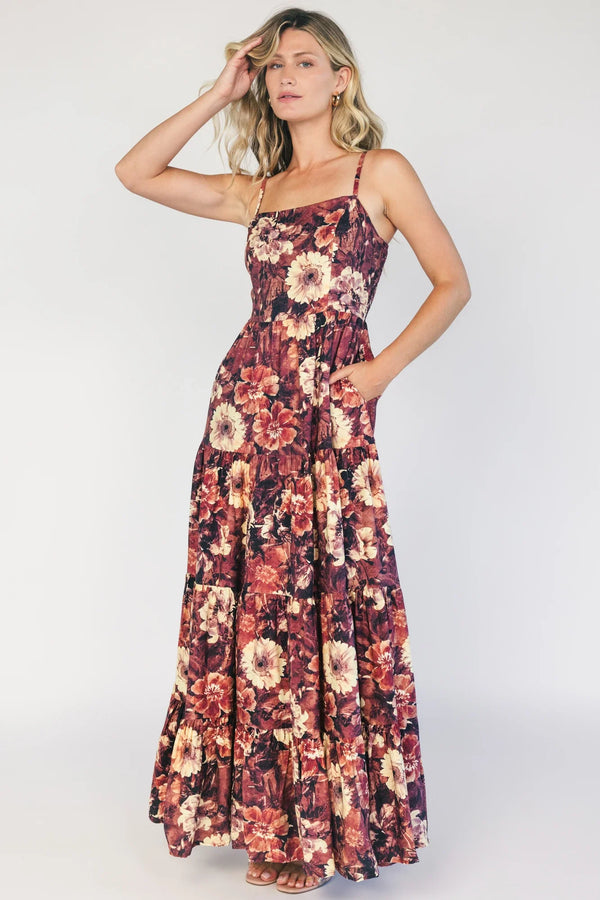 Silvia Tiered Maxi Dress | Deep Berry Floral