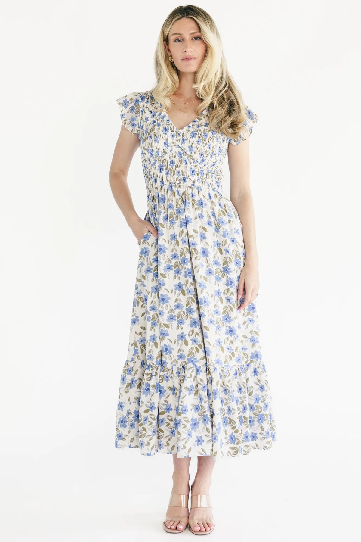 Tilly Smocked Dress | Ivory + Blue Floral Main image