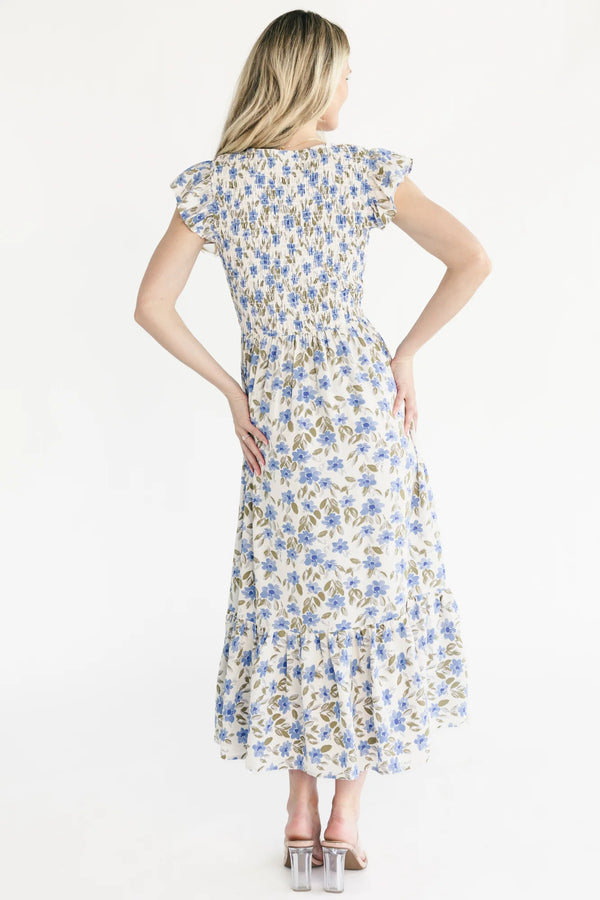 Tilly Smocked Dress | Ivory + Blue Floral
