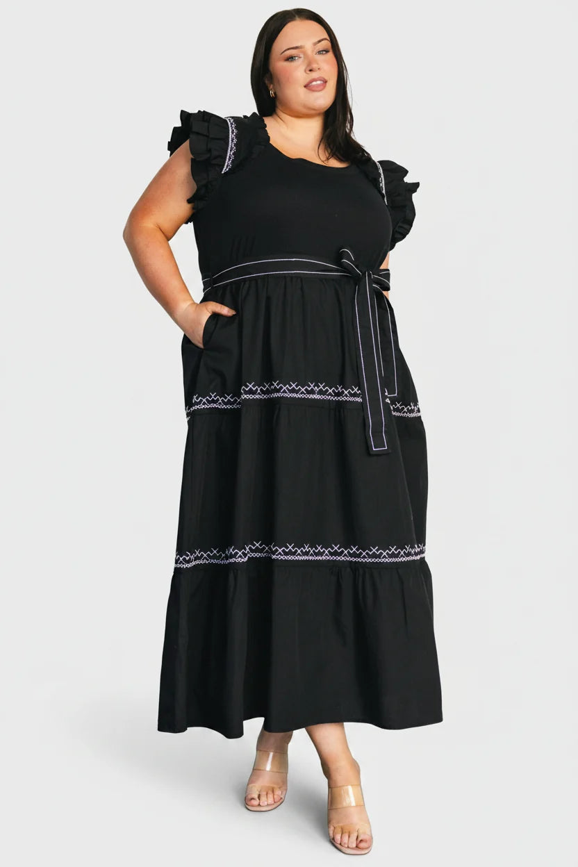 Elisa Embroidered Midi Dress | Black