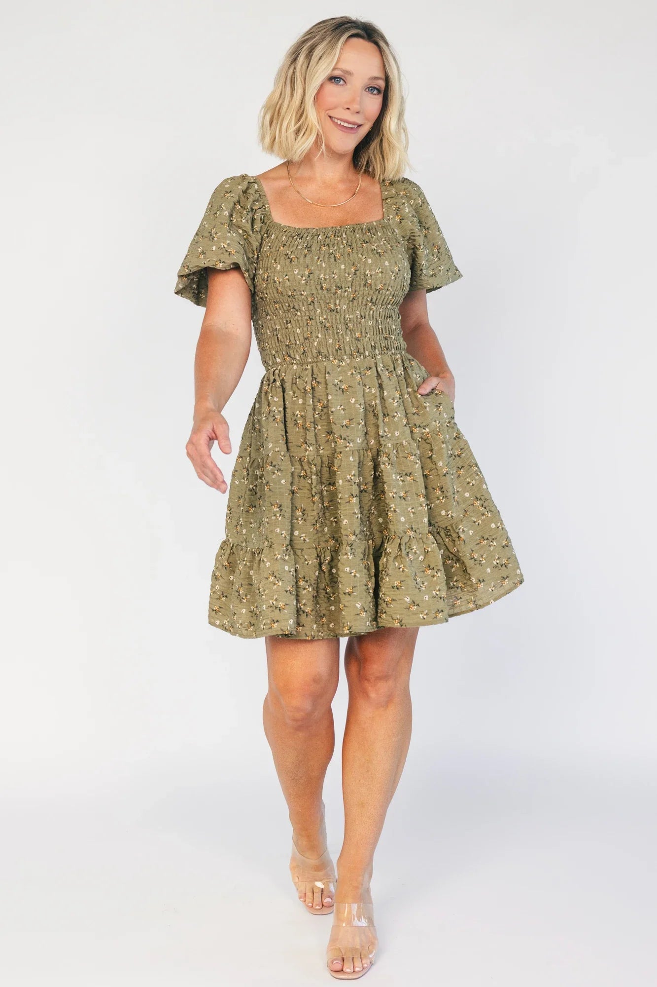Daze Smocked Dress | Olive Floral Secondary image