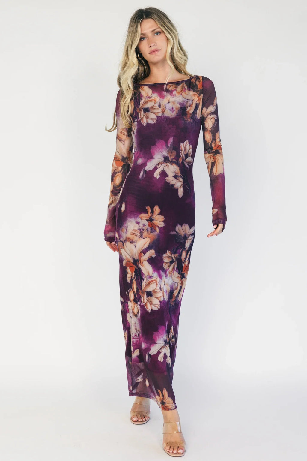 Darya Mesh Midi Dress | Purple Floral
