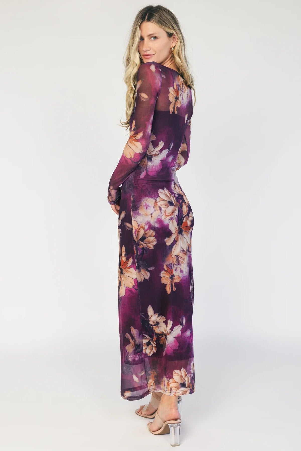 Darya Mesh Midi Dress | Purple Floral