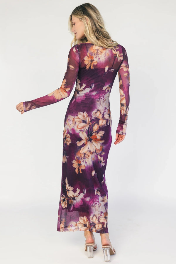 Darya Mesh Midi Dress | Purple Floral