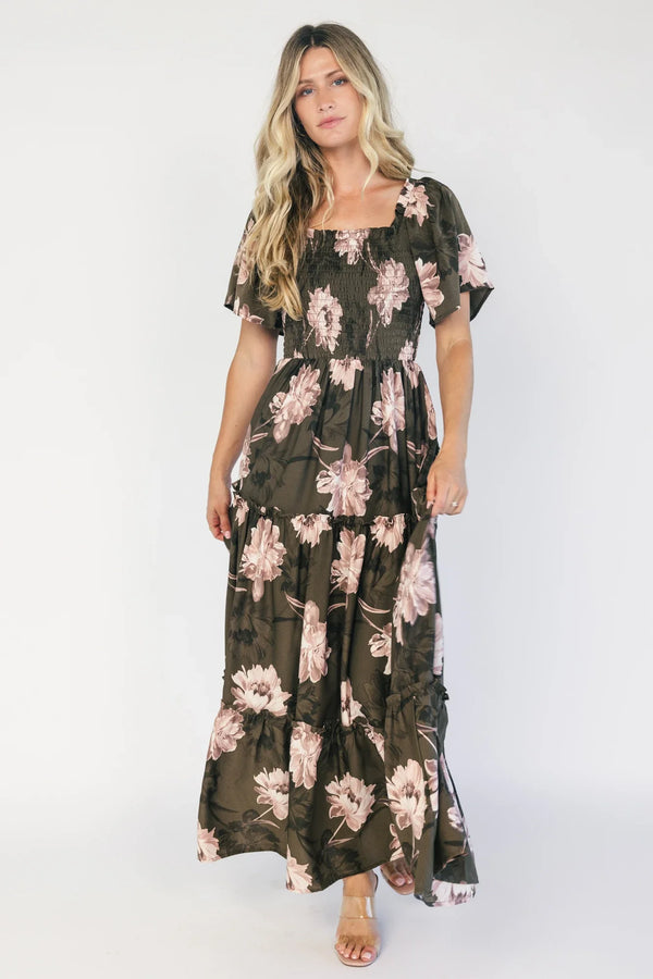 Southampton Smocked Maxi Dress | Dark Olive Floral
