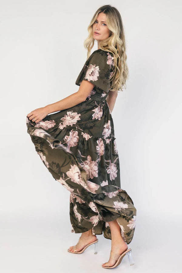 Southampton Smocked Maxi Dress | Dark Olive Floral