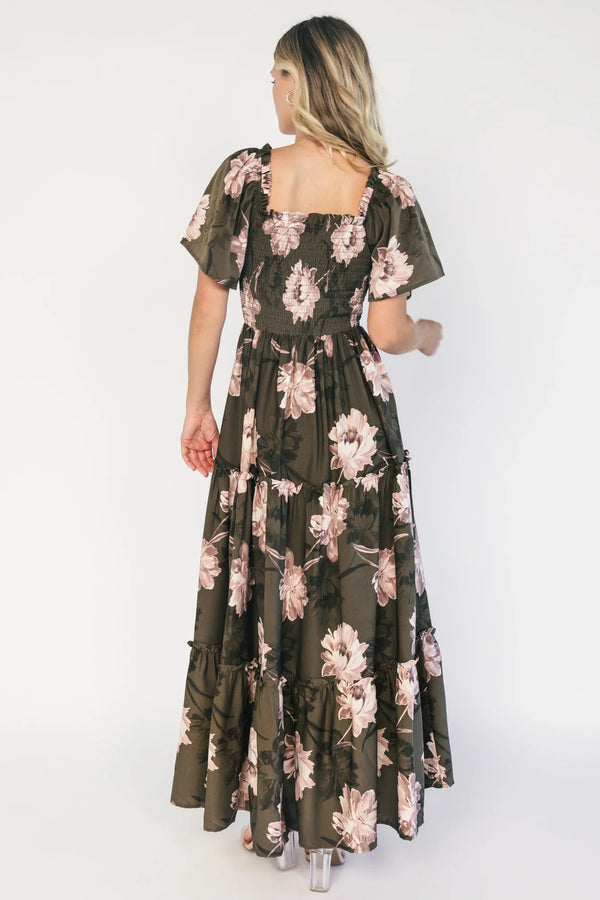 Southampton Smocked Maxi Dress | Dark Olive Floral