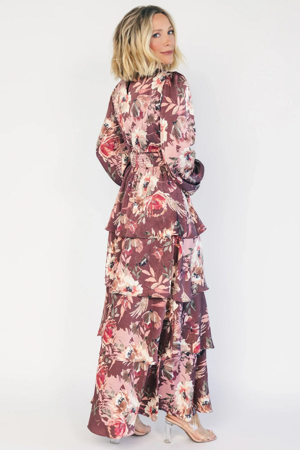 Montrouge Tiered Satin Dress | Clove + Mauve Floral