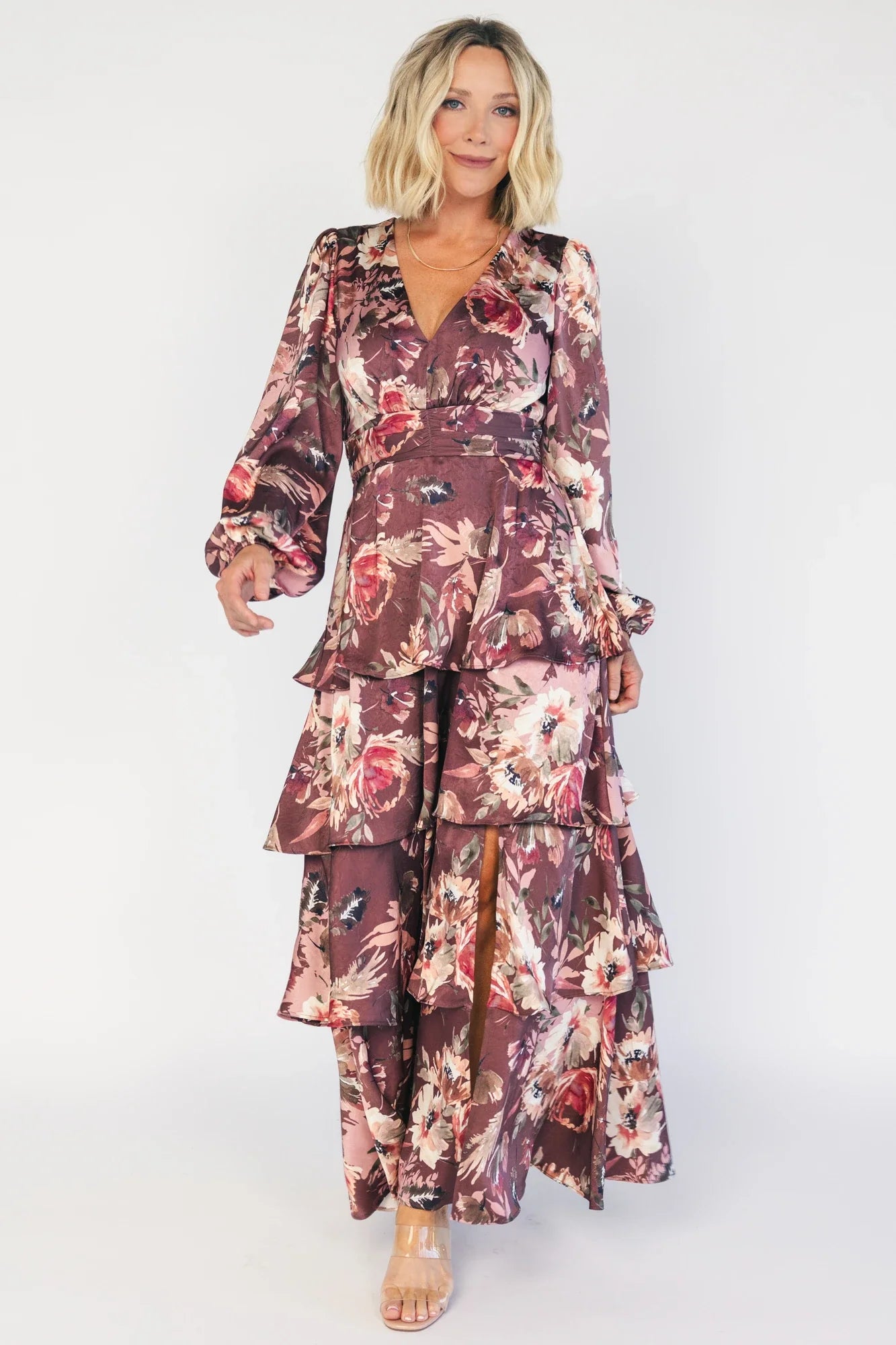 Montrouge Tiered Satin Dress | Clove + Mauve Floral Secondary image