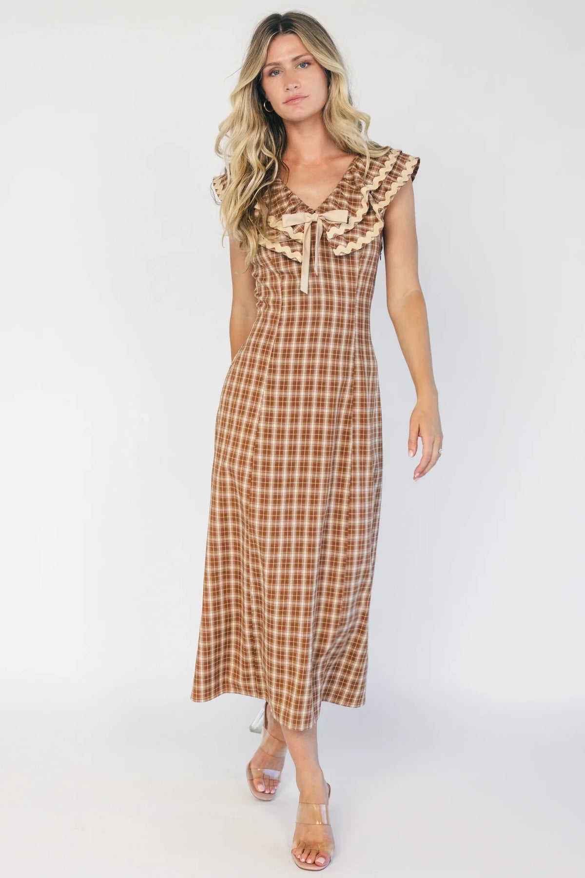Maureen Ruffle Plaid Dress | Dusty Mocha Main image