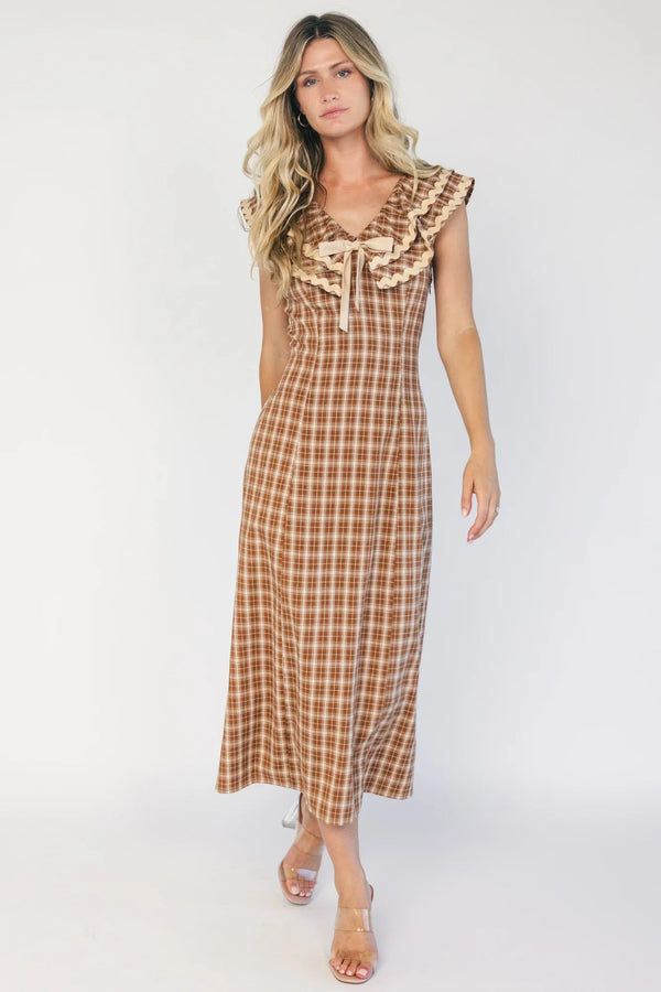 Maureen Ruffle Plaid Dress | Dusty Mocha