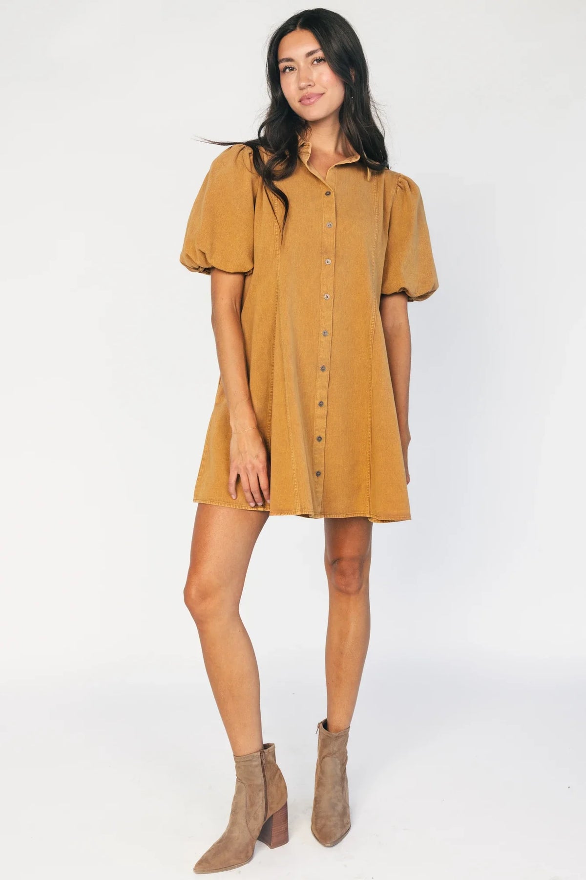 Geneva Button Front Short Dress | Camel Main image