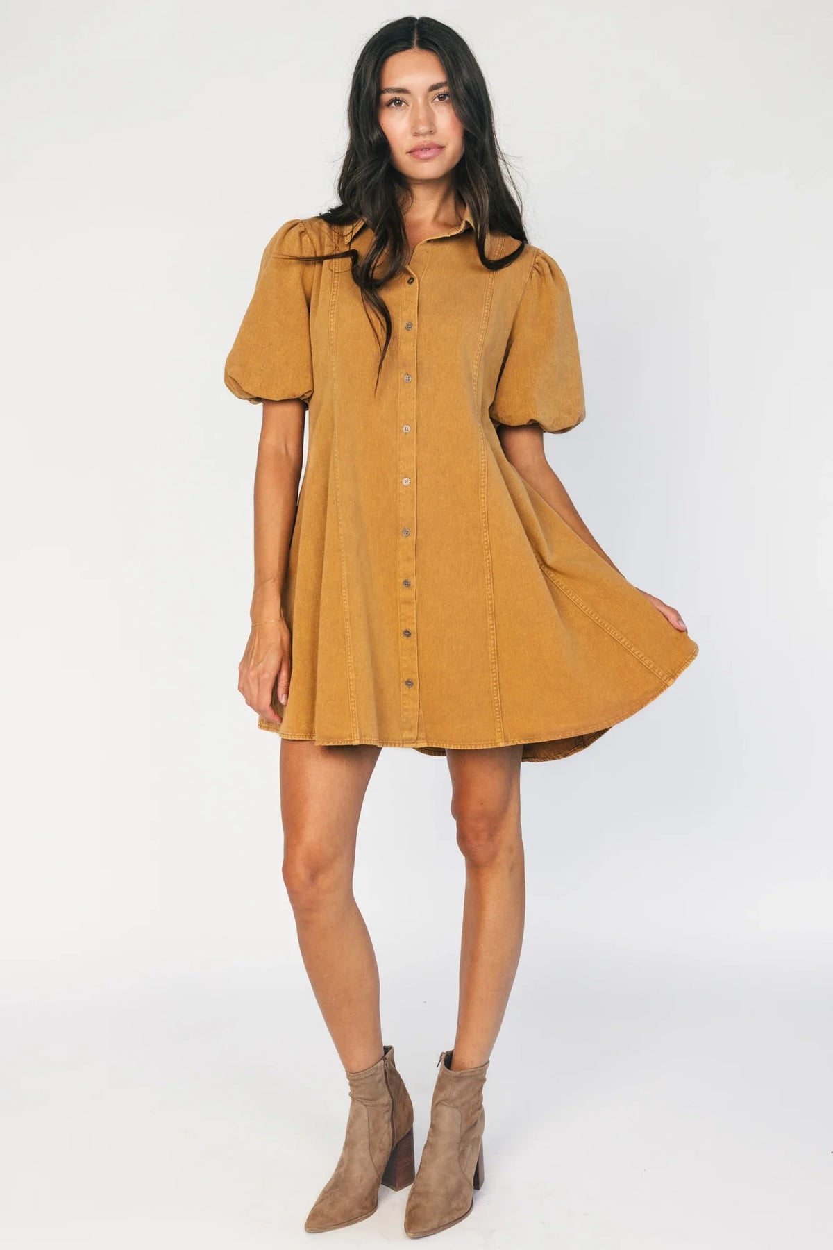 Geneva Button Front Short Dress | Camel