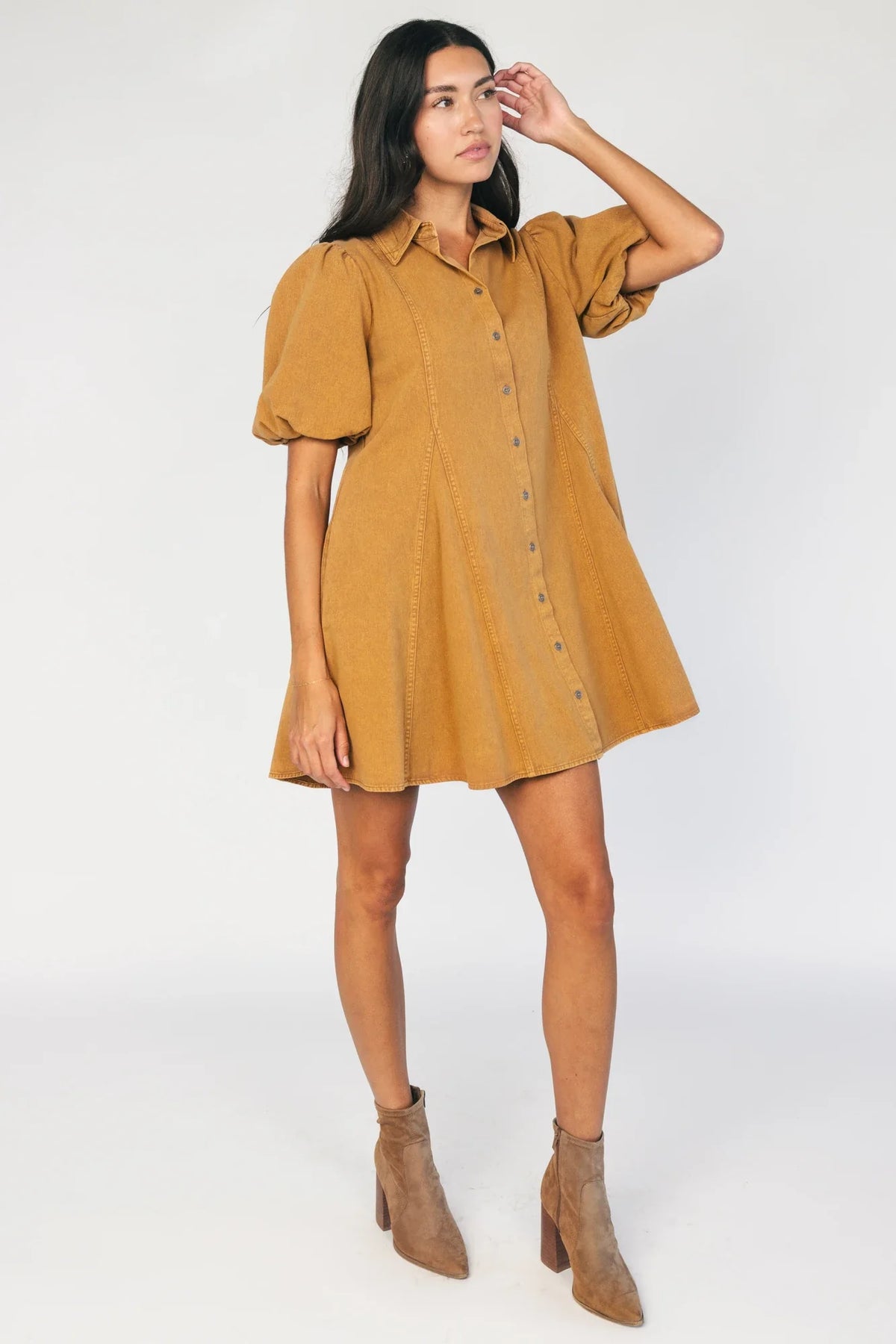Geneva Button Front Short Dress | Camel