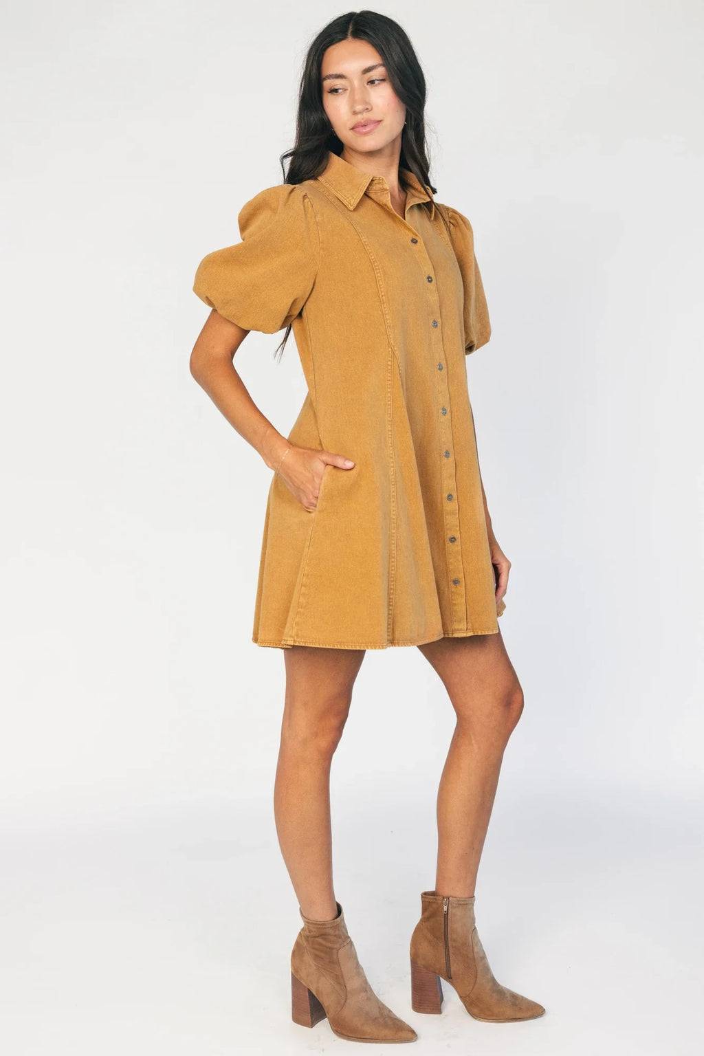 Geneva Button Front Short Dress | Camel