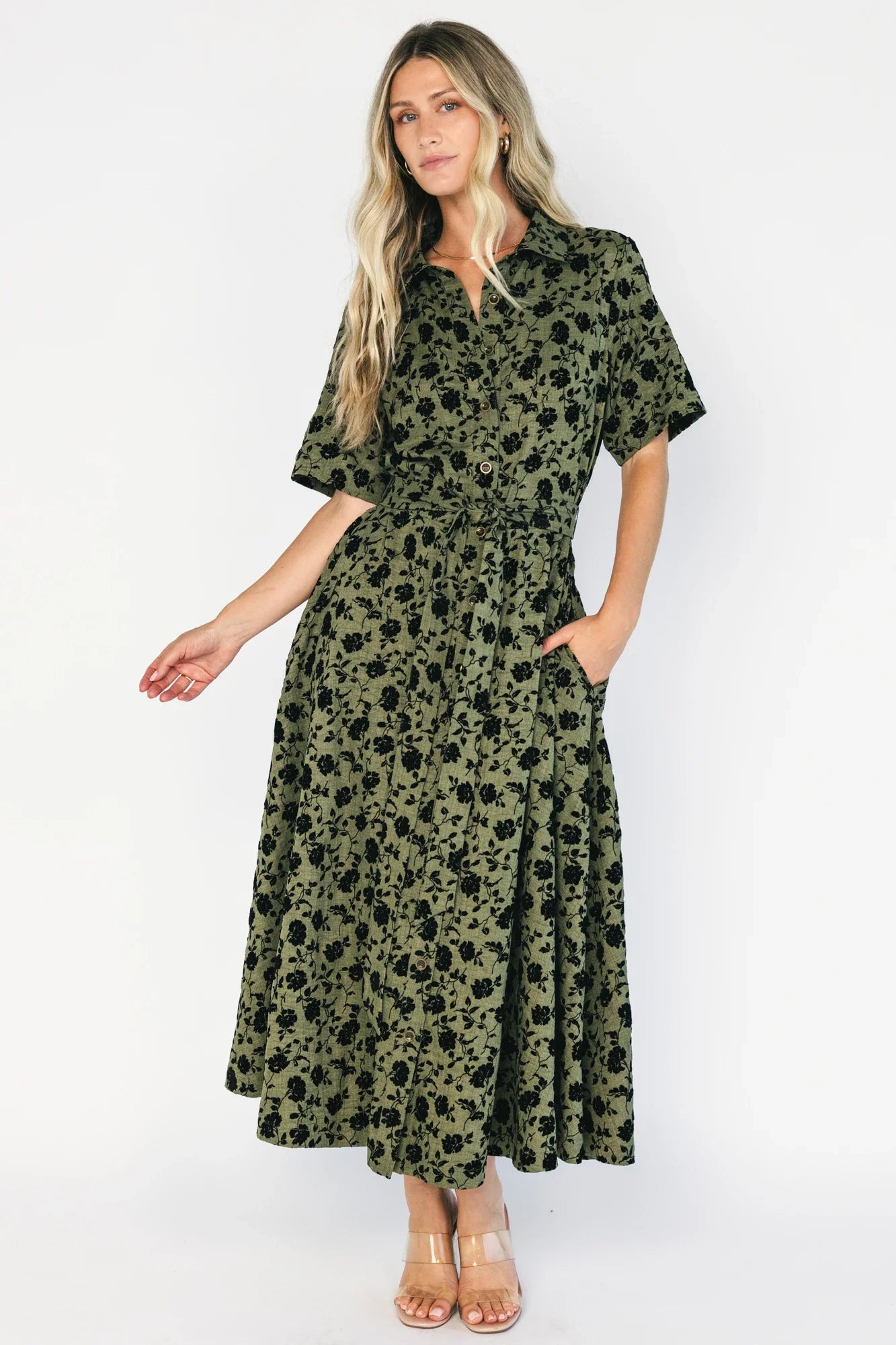 Kristen Button Up Dress | Deep Olive Floral Secondary image