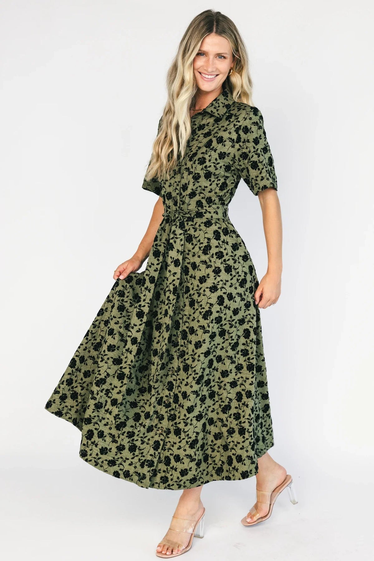 Kristen Button Up Dress | Deep Olive Floral