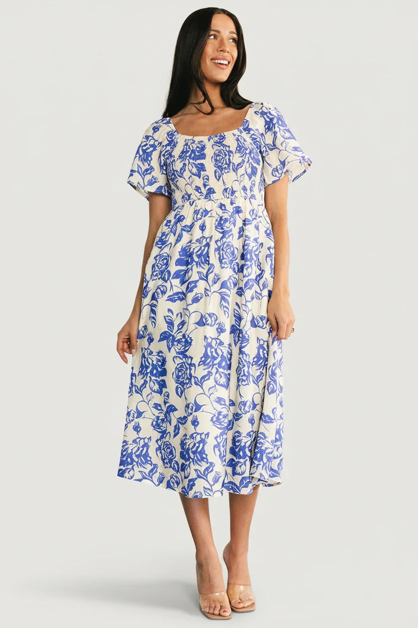 Dolores Smocked Midi Dress | Ivory + Blue Floral Main image