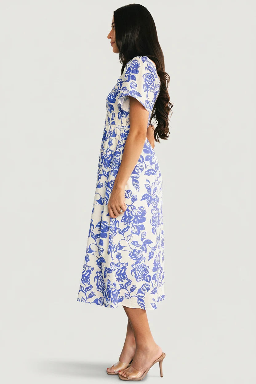 Dolores Smocked Midi Dress | Ivory + Blue Floral