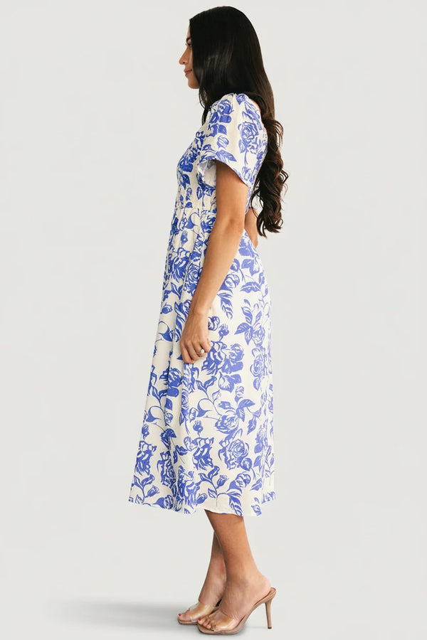 Dolores Smocked Midi Dress | Ivory + Blue Floral