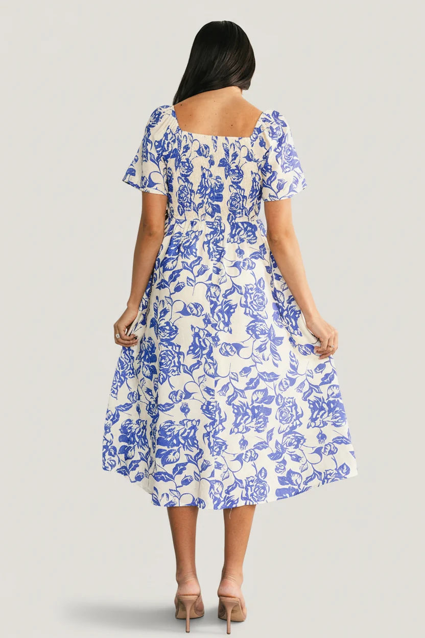 Dolores Smocked Midi Dress | Ivory + Blue Floral