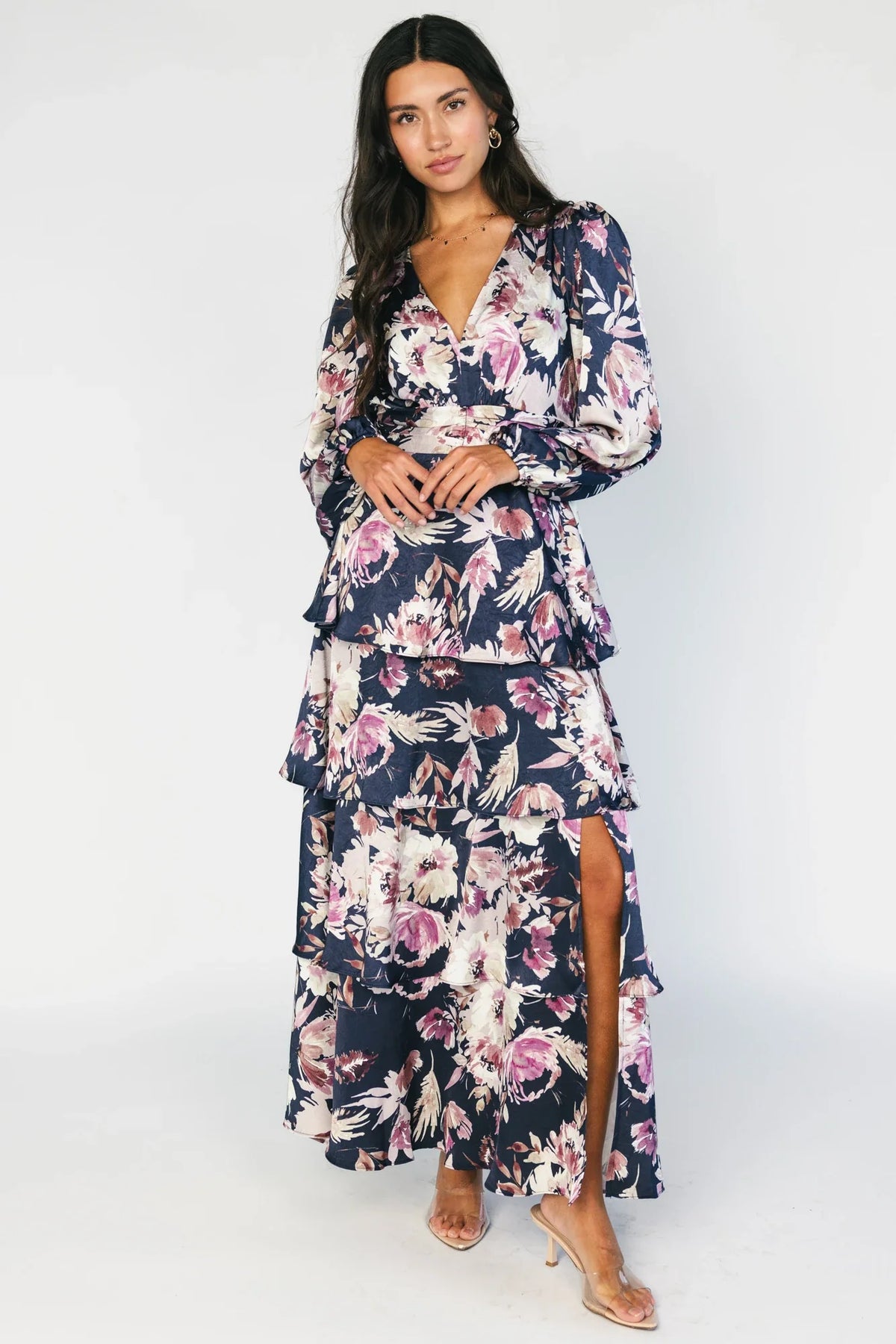 Montrouge Tiered Satin Dress | Navy + Lilac Floral Main image