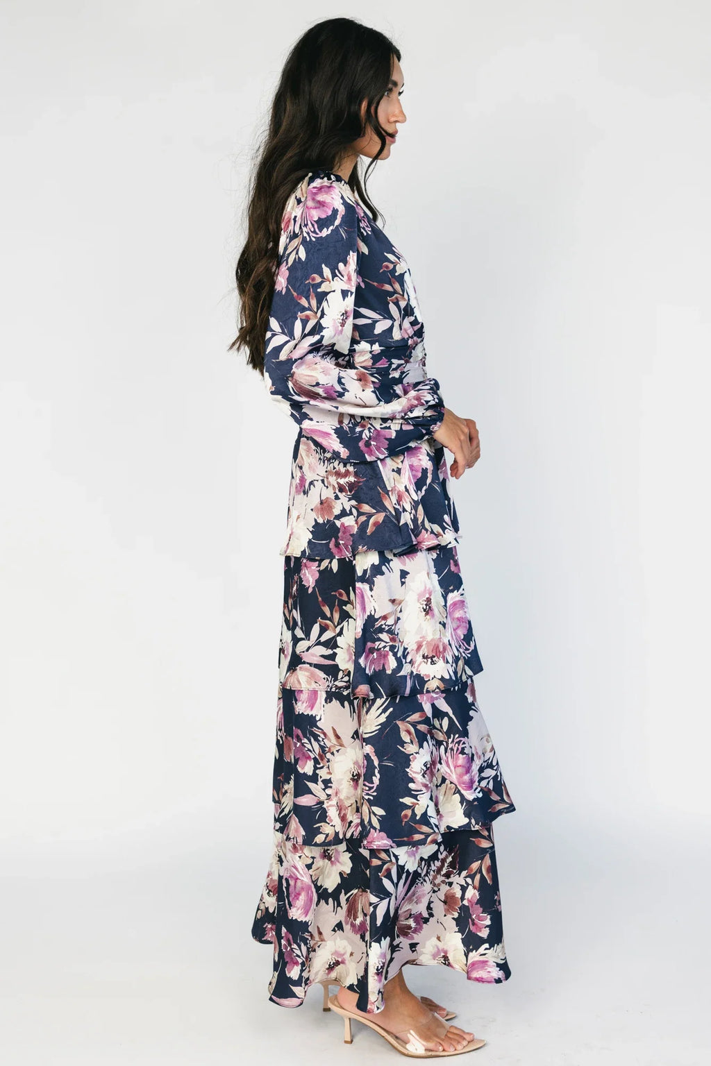 Montrouge Tiered Satin Dress | Navy + Lilac Floral