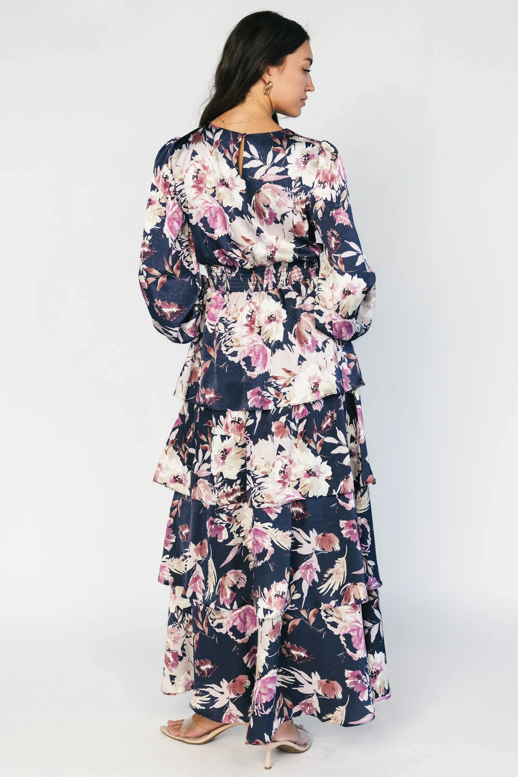 Montrouge Tiered Satin Dress | Navy + Lilac Floral