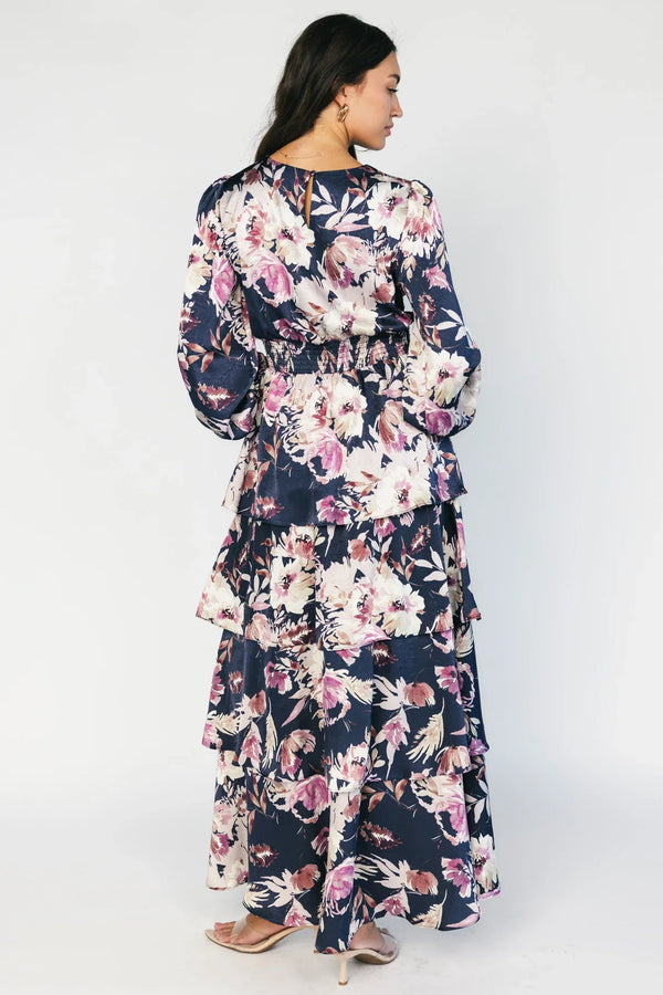 Montrouge Tiered Satin Dress | Navy + Lilac Floral