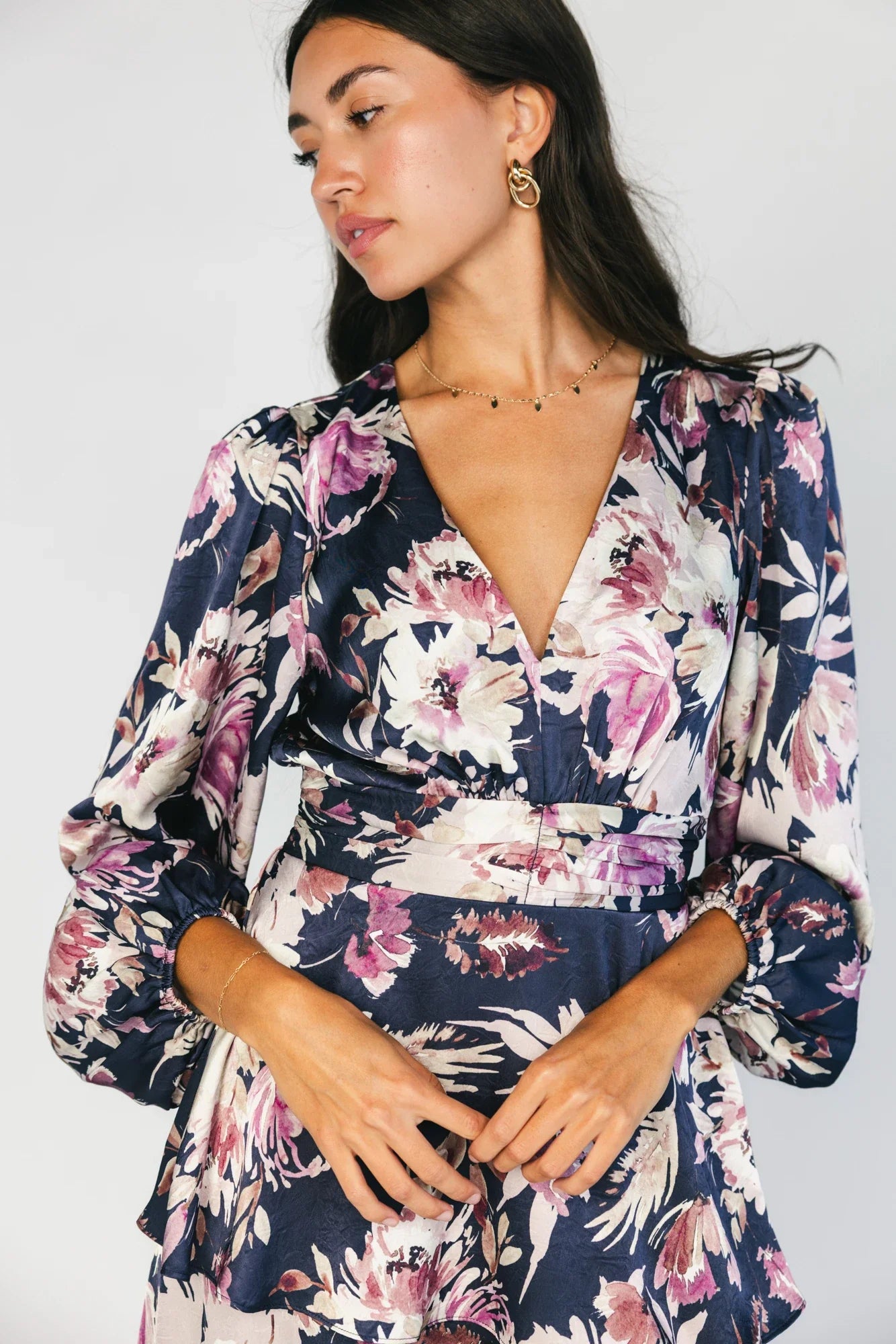 Montrouge Tiered Satin Dress | Navy + Lilac Floral Secondary image