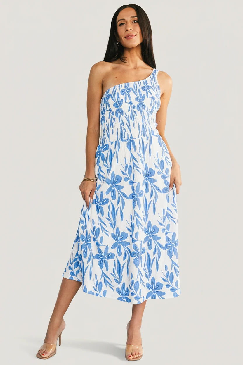 Brisa One Shoulder Midi Dress | White + Blue Main image