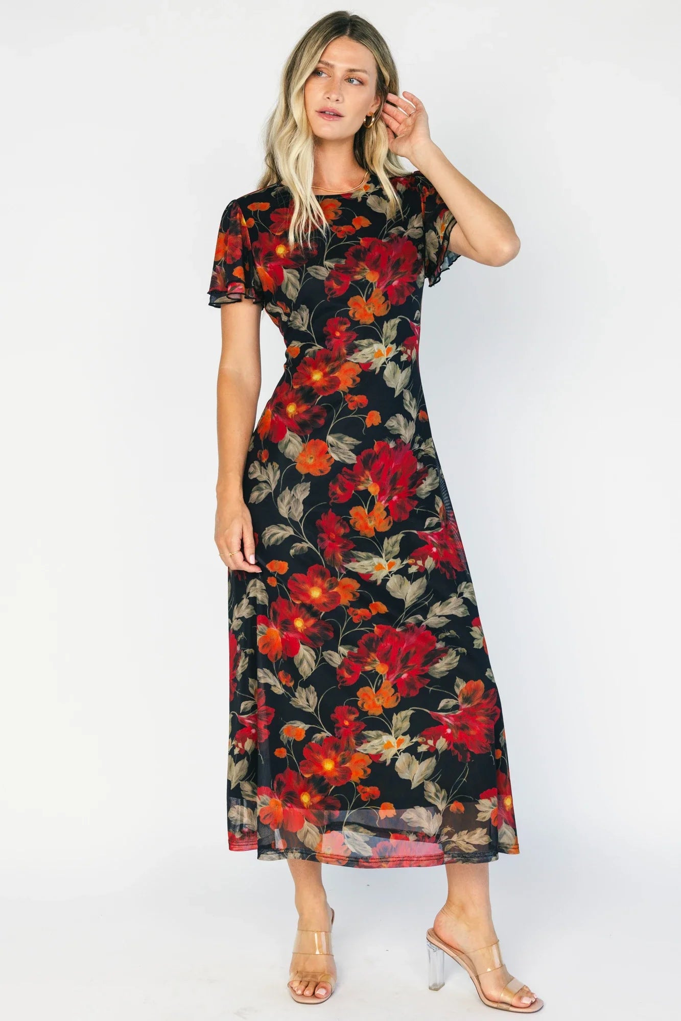 Briony Mesh Maxi Dress | Black + Red Floral Secondary image