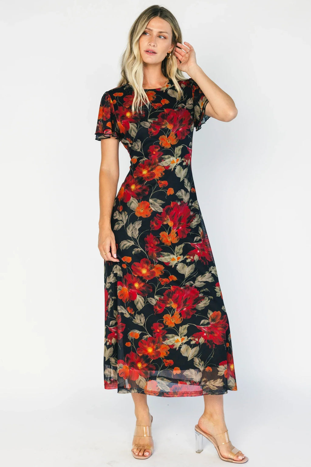 Briony Mesh Maxi Dress | Black + Red Floral