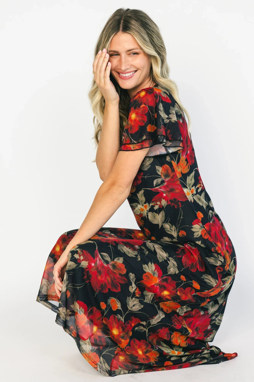 Briony Mesh Maxi Dress | Black + Red Floral