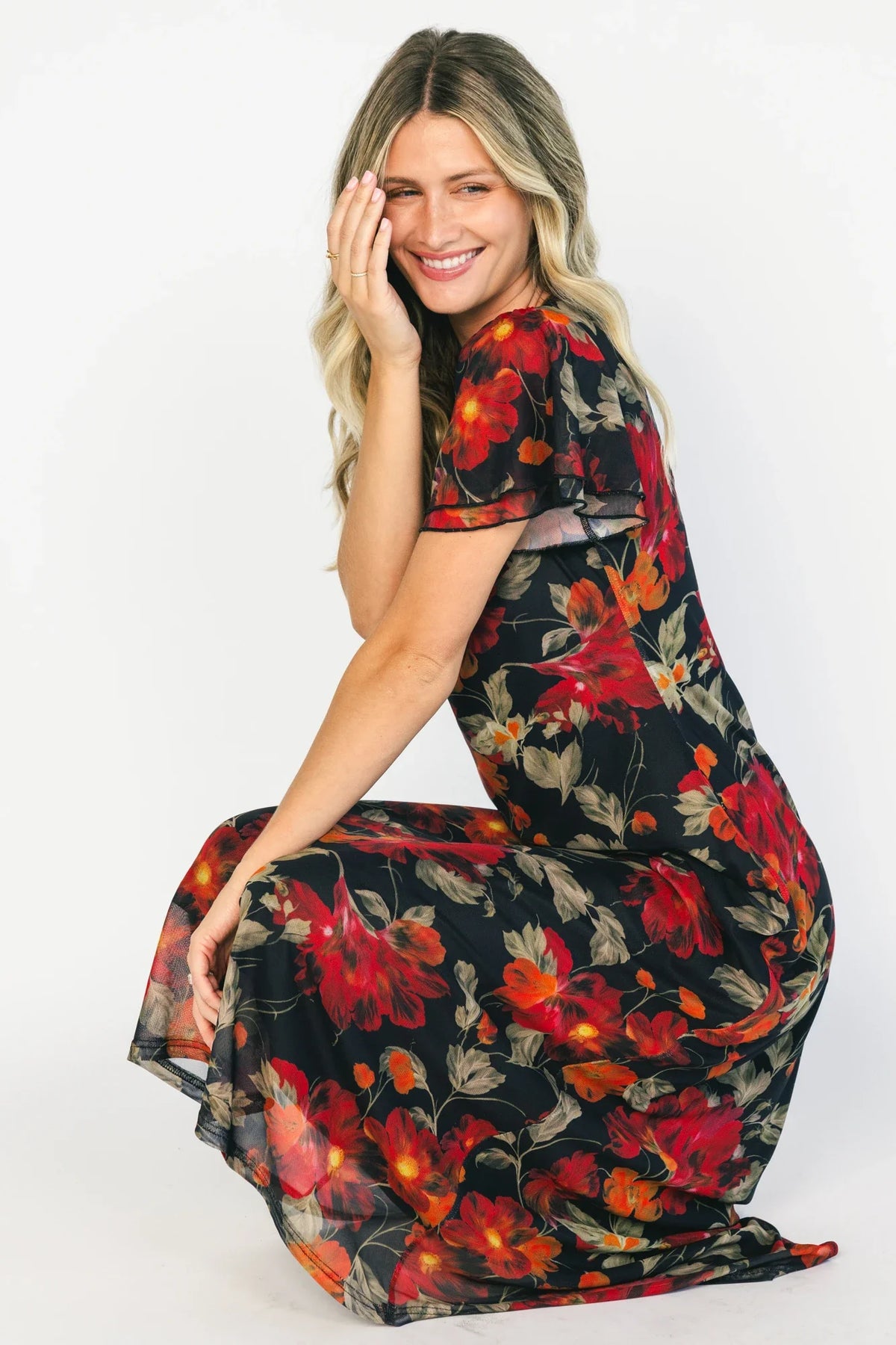 Briony Mesh Maxi Dress | Black + Red Floral
