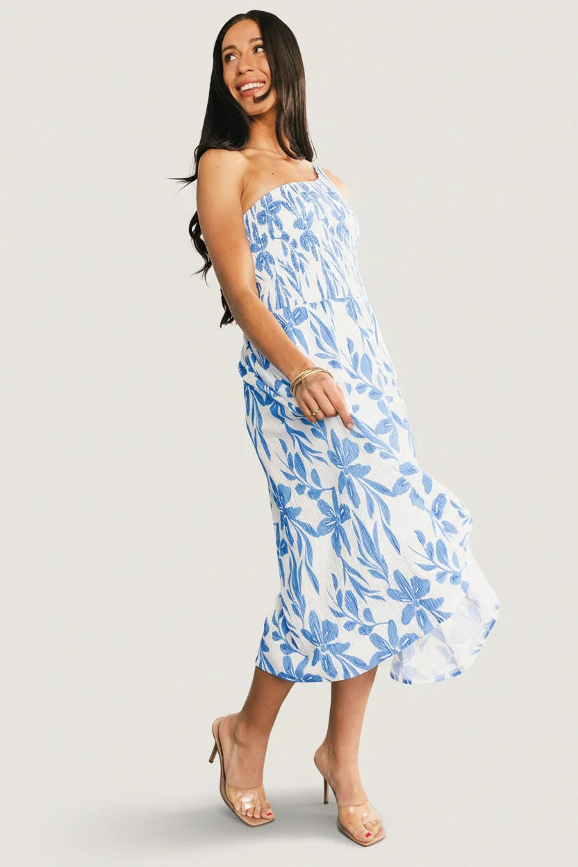 Brisa One Shoulder Midi Dress | White + Blue