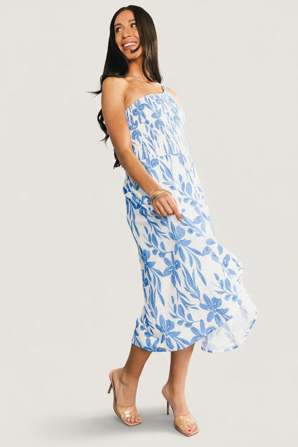 Brisa One Shoulder Midi Dress | White + Blue