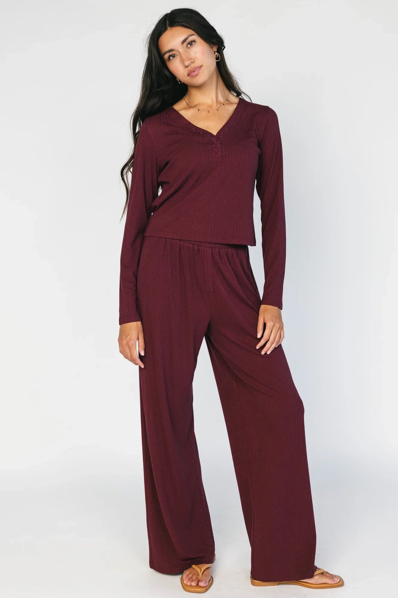 Rubi Soft Ribbed Pajama Set | Burgundy Secondary image