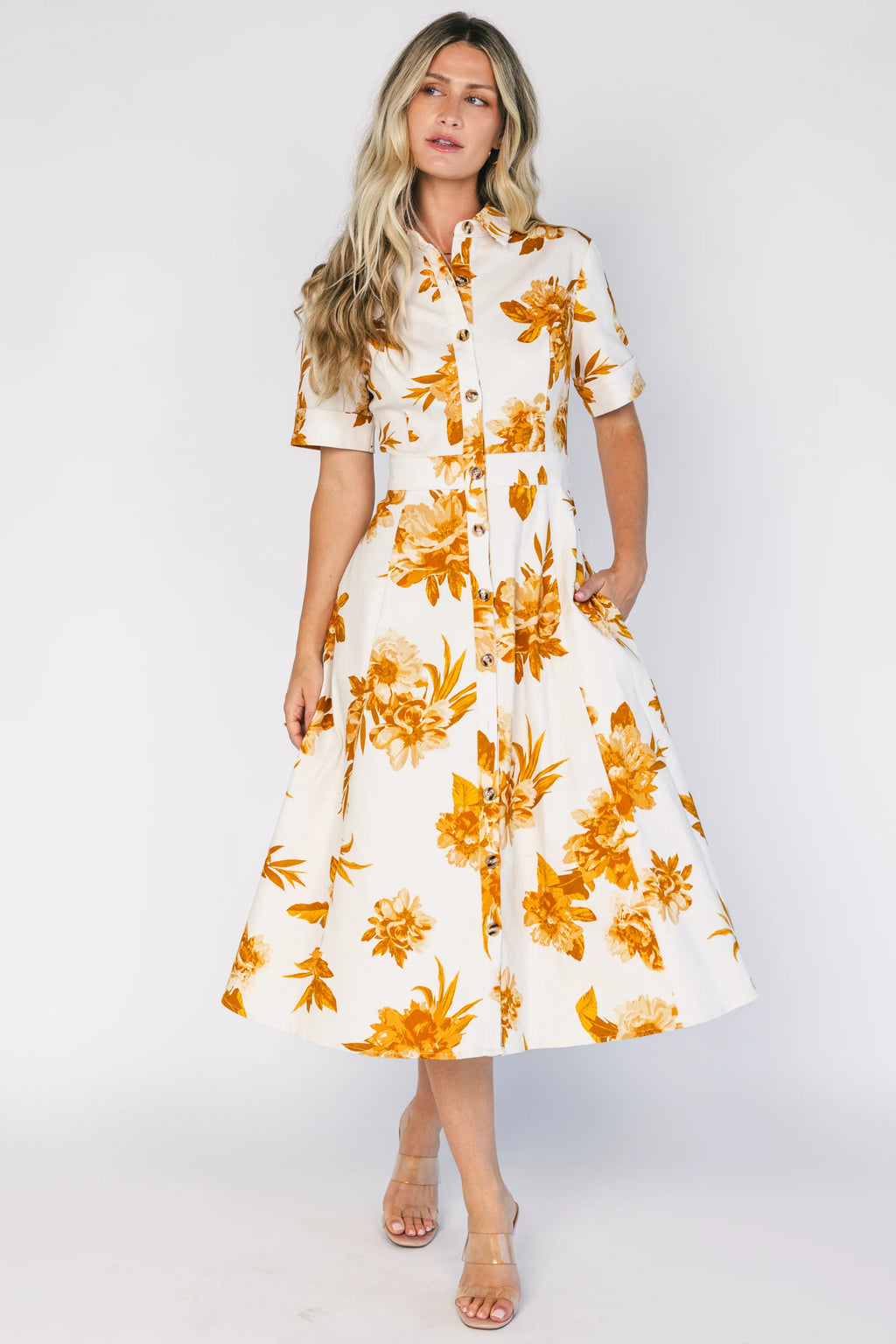 Selena Button Up Dress | Ivory + Golden Floral
