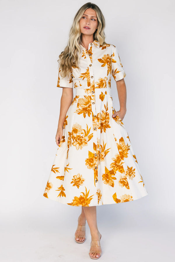 Selena Button Up Dress | Ivory + Golden Floral