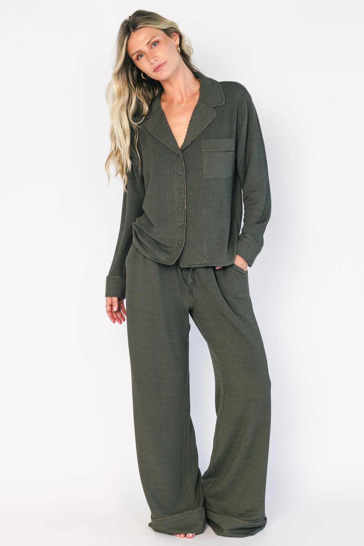 Eloise Ribbed Pajama Set | Dark Olive Main image