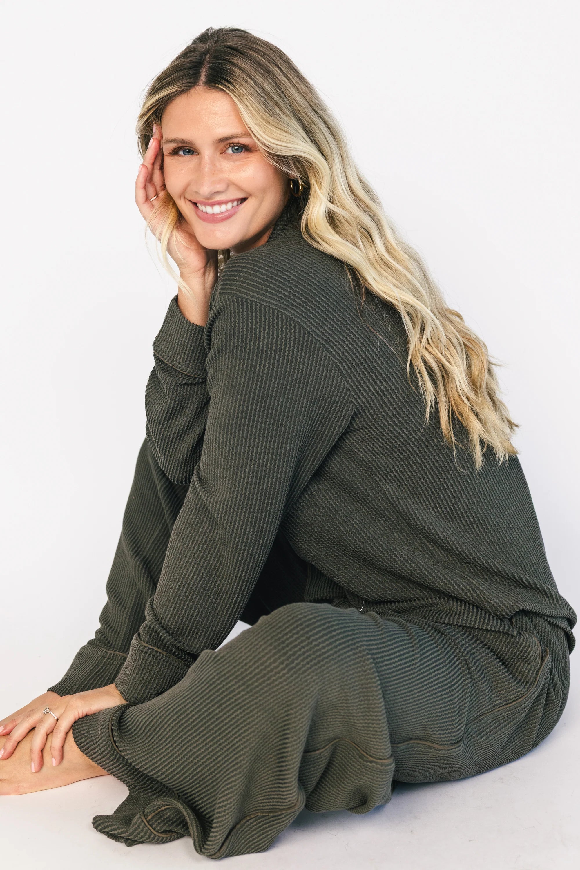 Eloise Ribbed Pajama Set | Dark Olive Secondary image