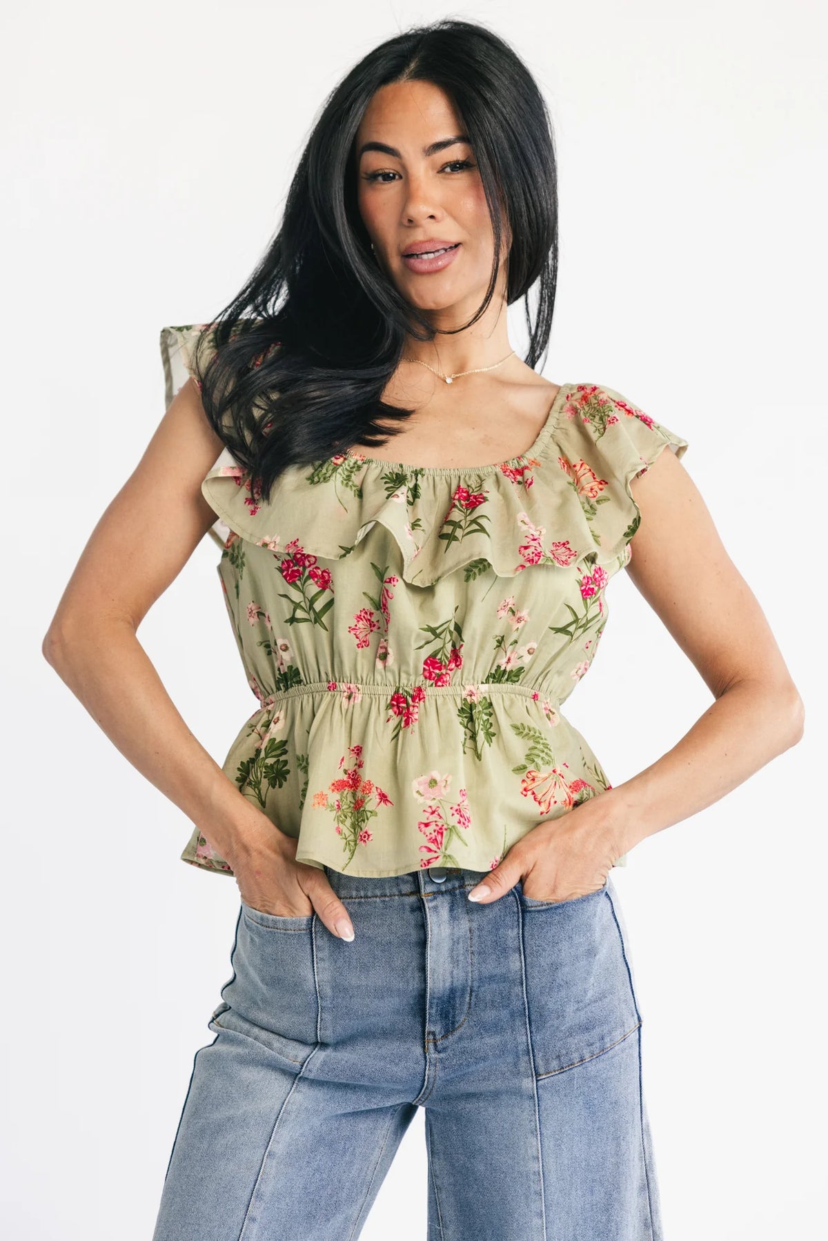 Lissie Peplum Top | Green + Pink Floral Main image