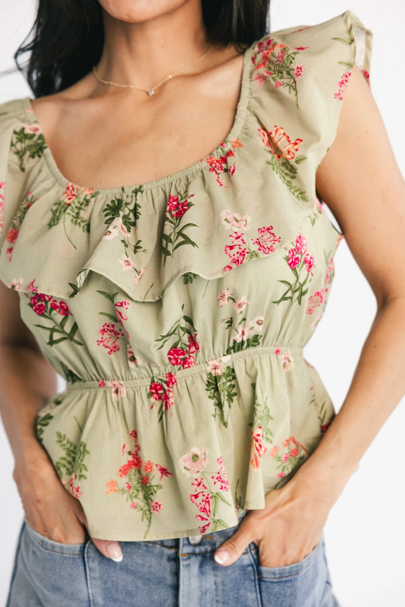 Lissie Peplum Top | Green + Pink Floral Secondary image