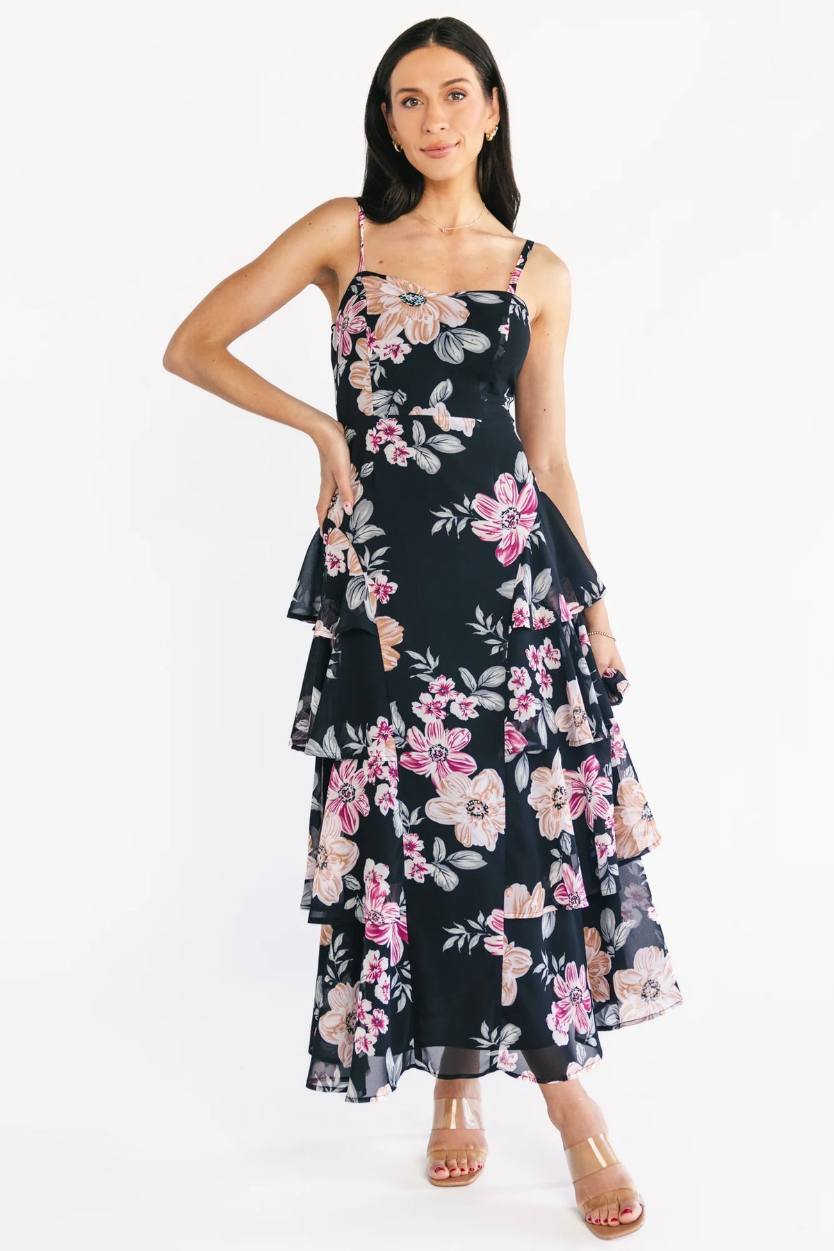 Hallie Tiered Maxi Dress | Black Multi Floral Main image