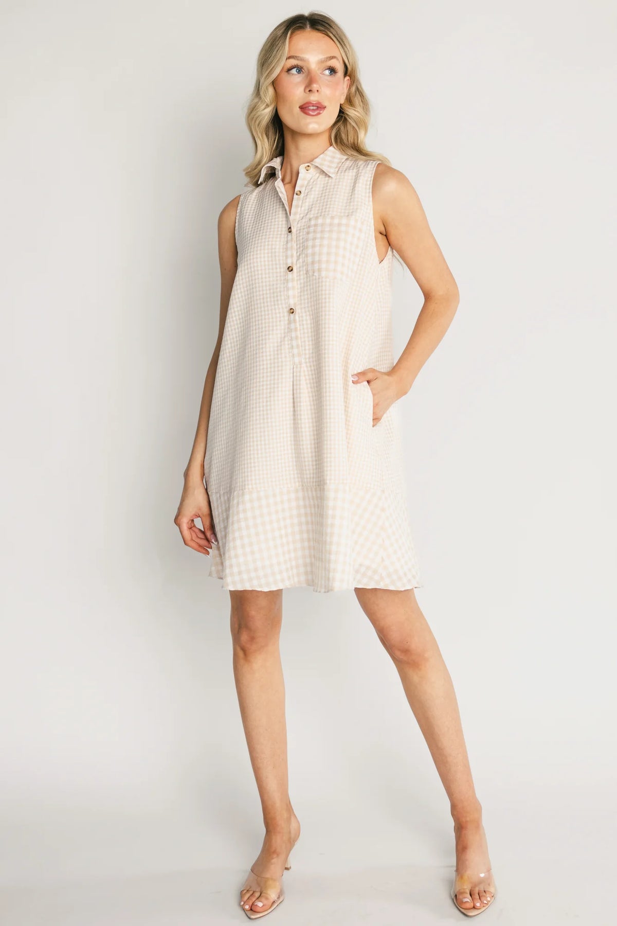 Dolly Short Dress | Beige Gingham Print Main image