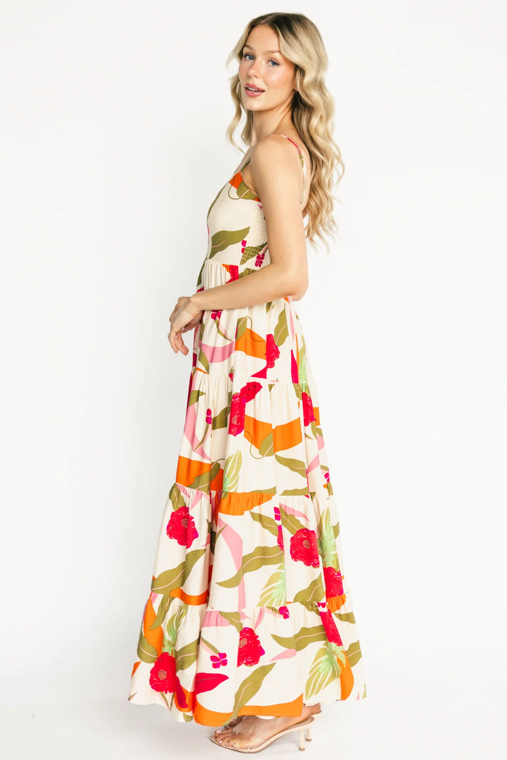 Silvia Tiered Maxi Dress | Natural + Pink Multi