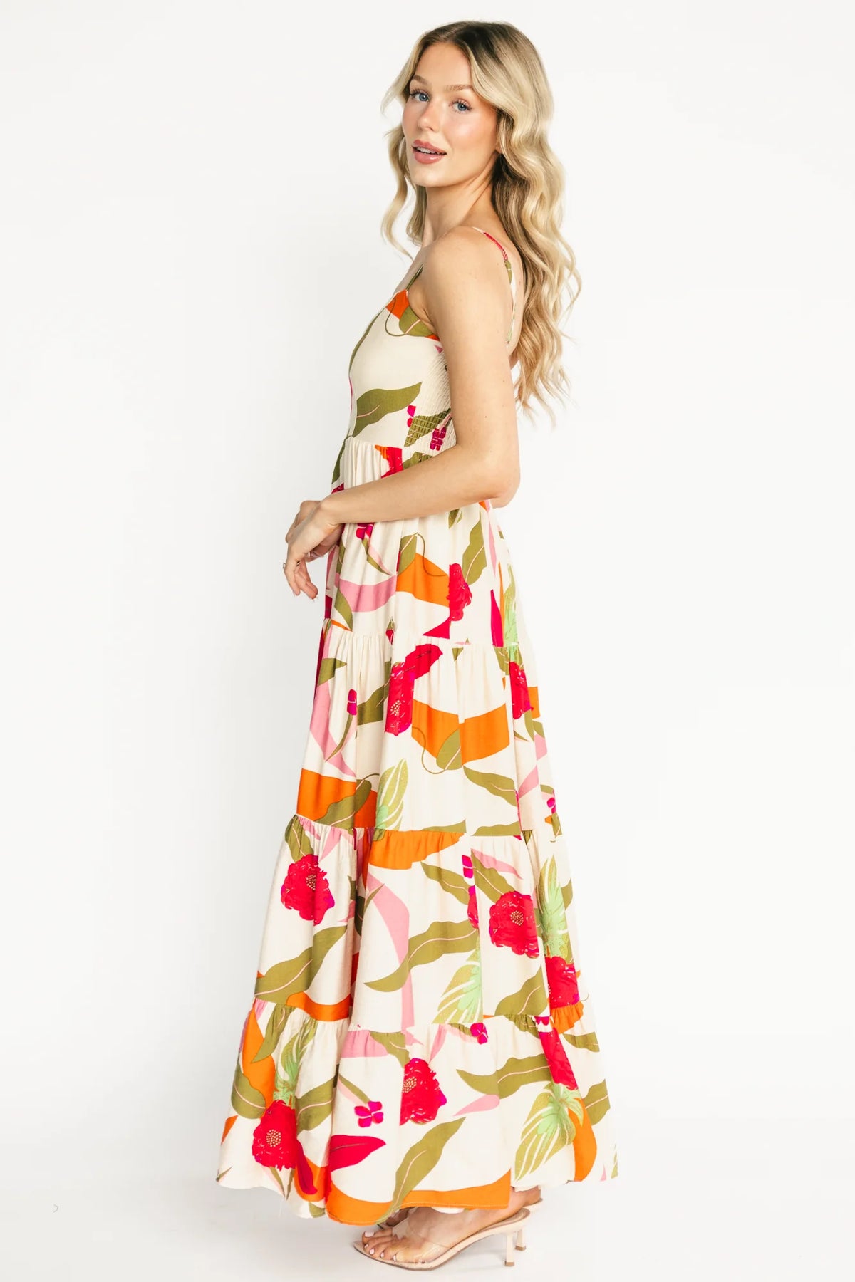 Silvia Tiered Maxi Dress | Natural + Pink Multi
